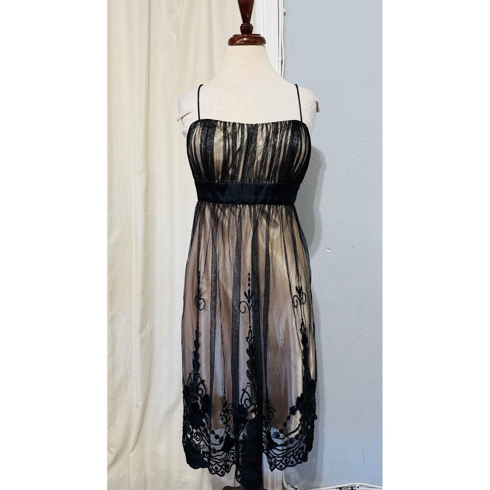 Vintage Y2K‎ SL Fashions Black Beige Mesh Overlay Whimsigoth Babydoll Dress 14 - Picture 3 of 13